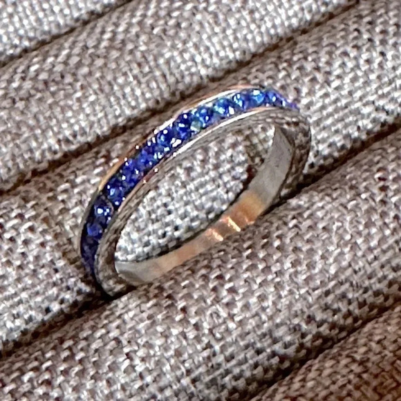 Blue Sapphire Colored CZ Stainless Steel Eternity Band Ring September Birthstone - Picture 3 of 7